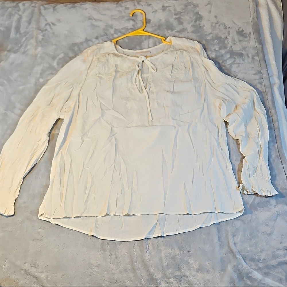 Knox Rose Womens White Rayon Woven Embroidered Tie-Neck Long Sleeve Blouse 2XL